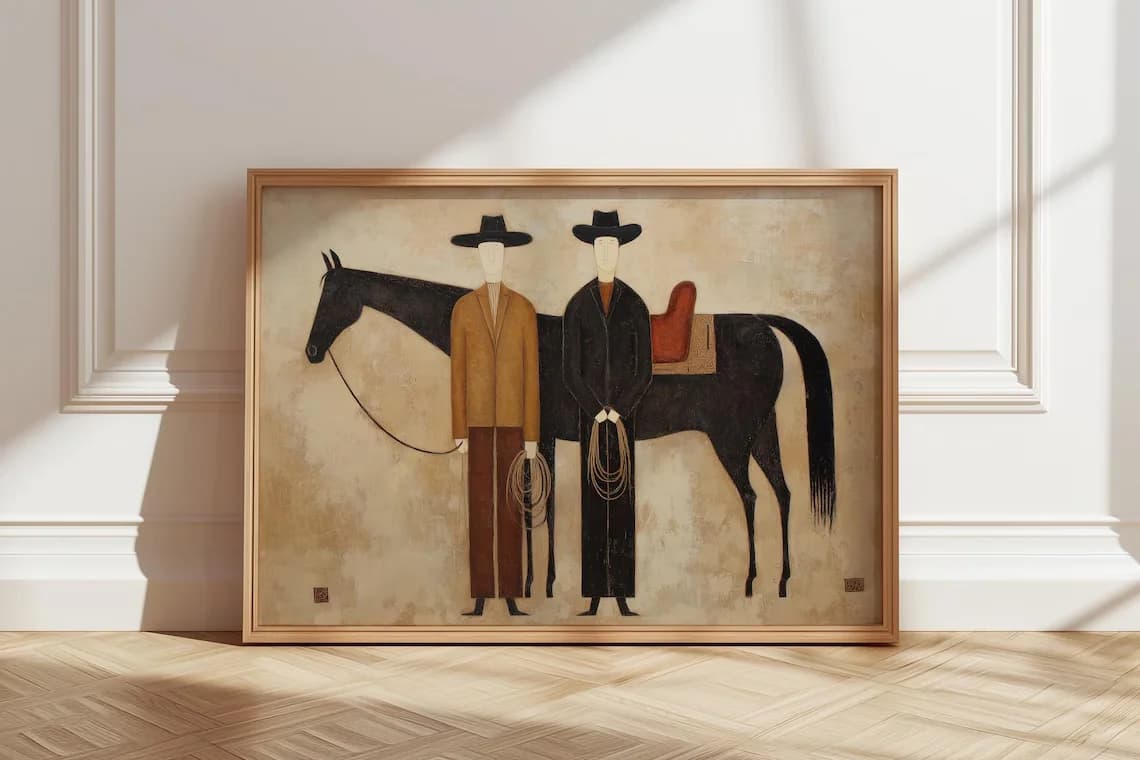 Cowboy Abstract Figurative Horse Oil Painting, Contemporary Japandi Western Wall Art, Western Folk art, Modern Equestrian Cottag