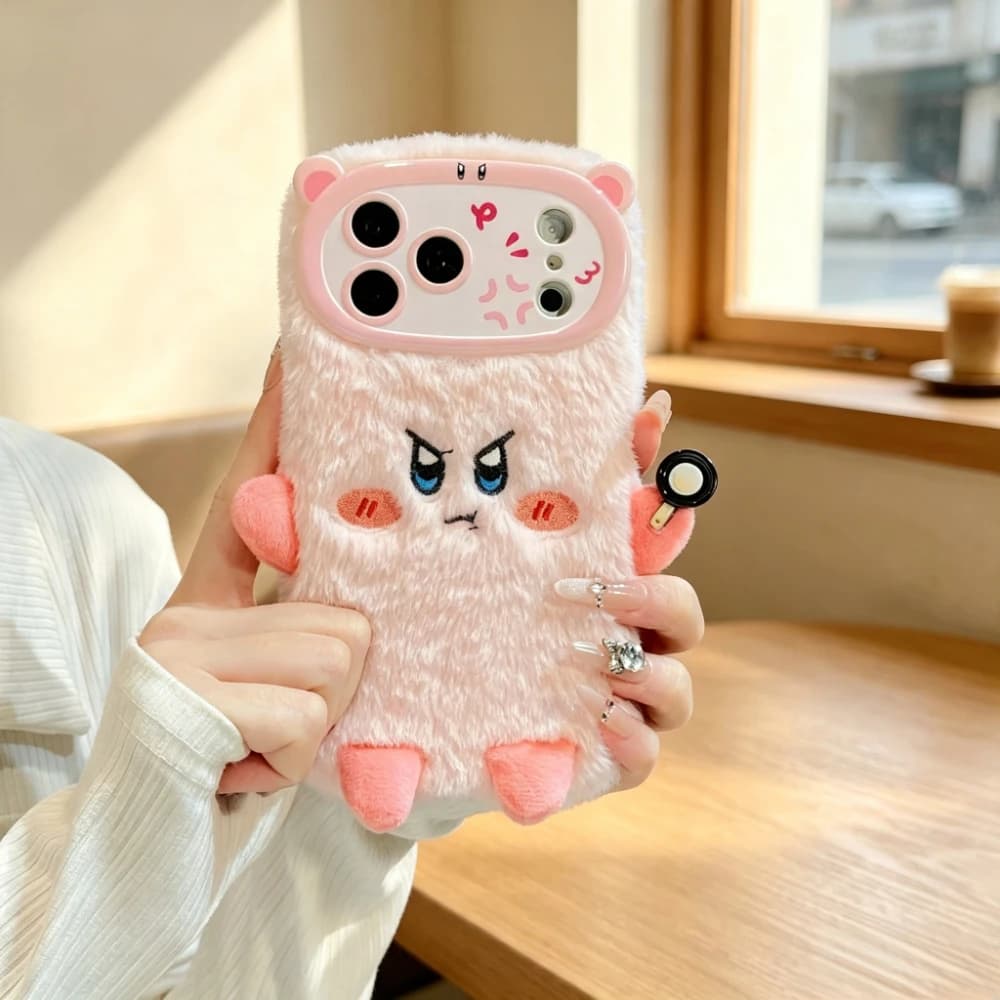 Fashion Cute Cartoon Fluffy Plush Angry Face Expression Phone Case For iPhone 11 12 14 13 15 16 17 Pro Max Plus Furry Fur Cover