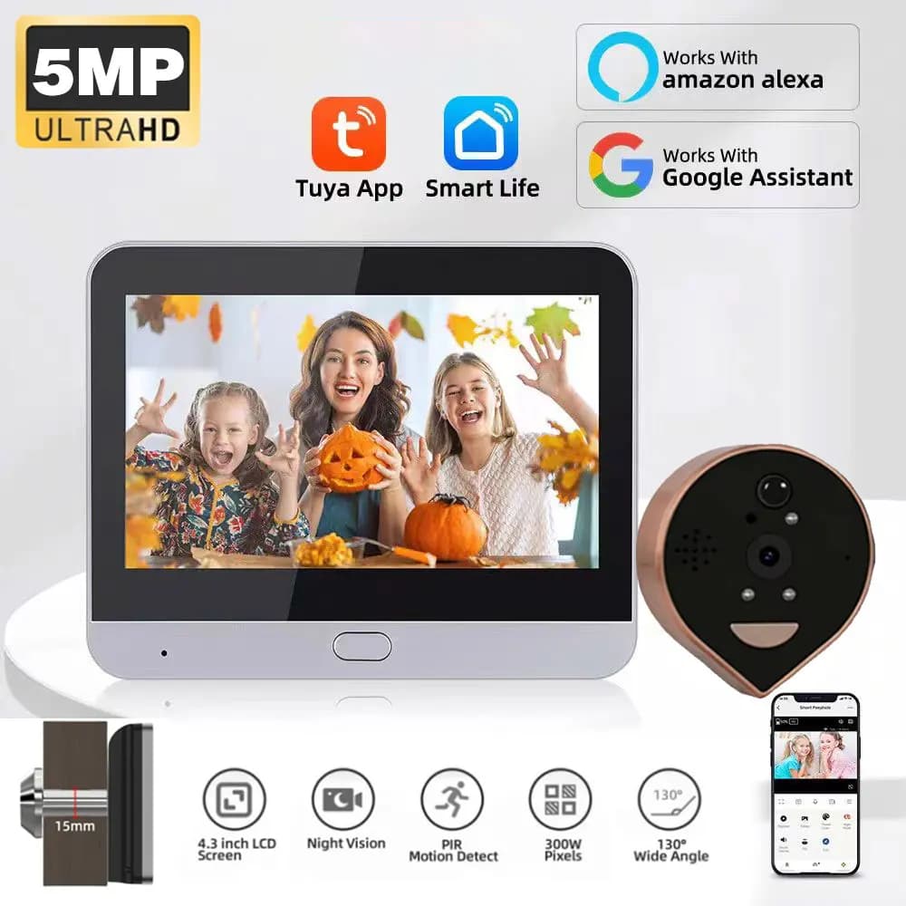 Overscam 5MP 2K HD Videocitofono con Telecamera Spioncino Tuya Smart Life 5000mAh Rilevamento Movimento PIR IR Audio e Video