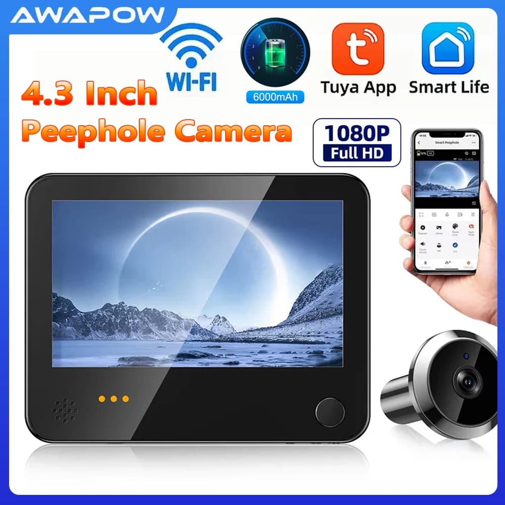 Awapow Tuya da 4.3 pollici campanello digitale intelligente Wifi spioncino telecamera Cat Eye 1080P IR monitor per visione notturna visore per porta 6000mAh Batte
