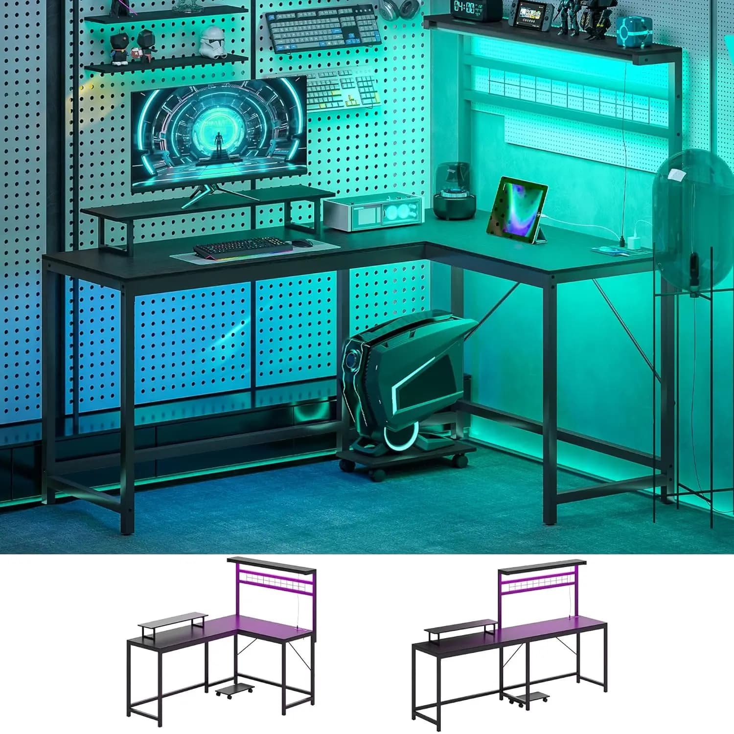 Scrivania da gioco, scrivania a forma di L da 62" con prese di corrente e luci a LED, tavolo per computer da 86" per 2 persone con ripiano e supporto per CPU con rotelle, Reve