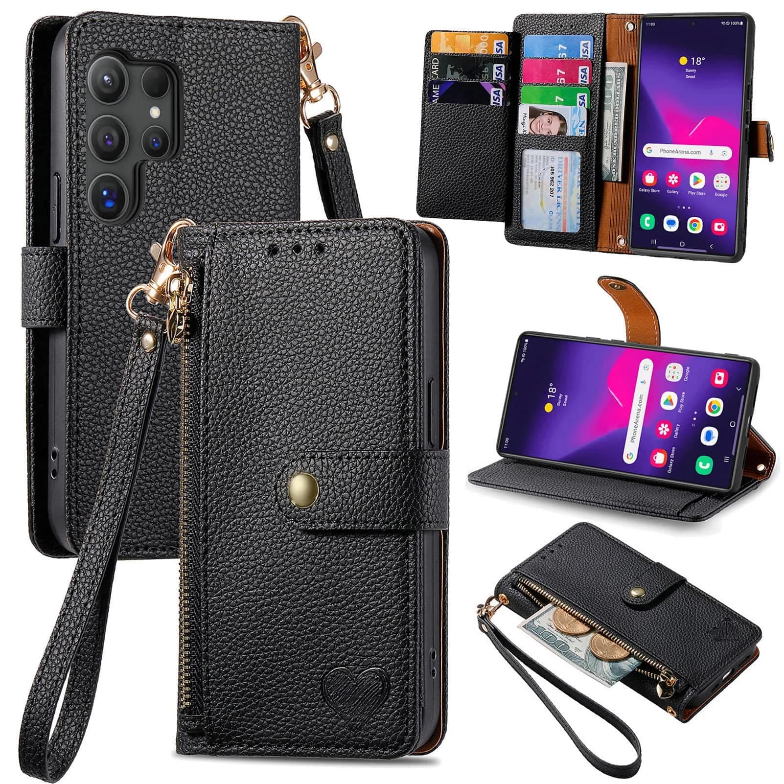 Custodia a portafoglio Samsung Galaxy S25 Edge S24 S23 S22 S21 S20 Borsa da tasca ultra con cerniera con cinturino da polso, supporto per carta di vibrazione RFID