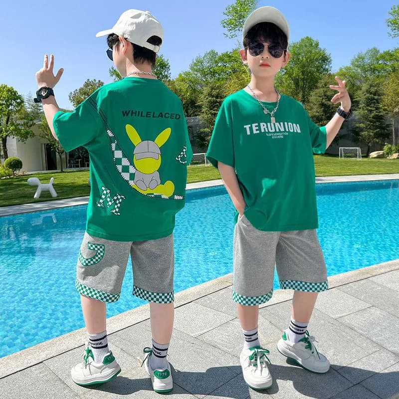 Summer Boys Cotton Alphabet Cartoon t-shirt top + Patchwork Plaid Shorts Pant Set School Kids tuta bambino 2 pezzi Outfit 5-14 anni
