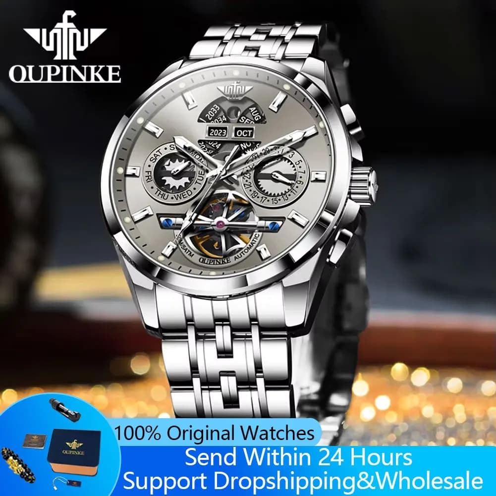 OUPINKE 3251 Men Watch Hollow Skeleton Automatic Watch For Men Luxury Waterproof Mechanical Wristwatch Week Calendar Hand Clock