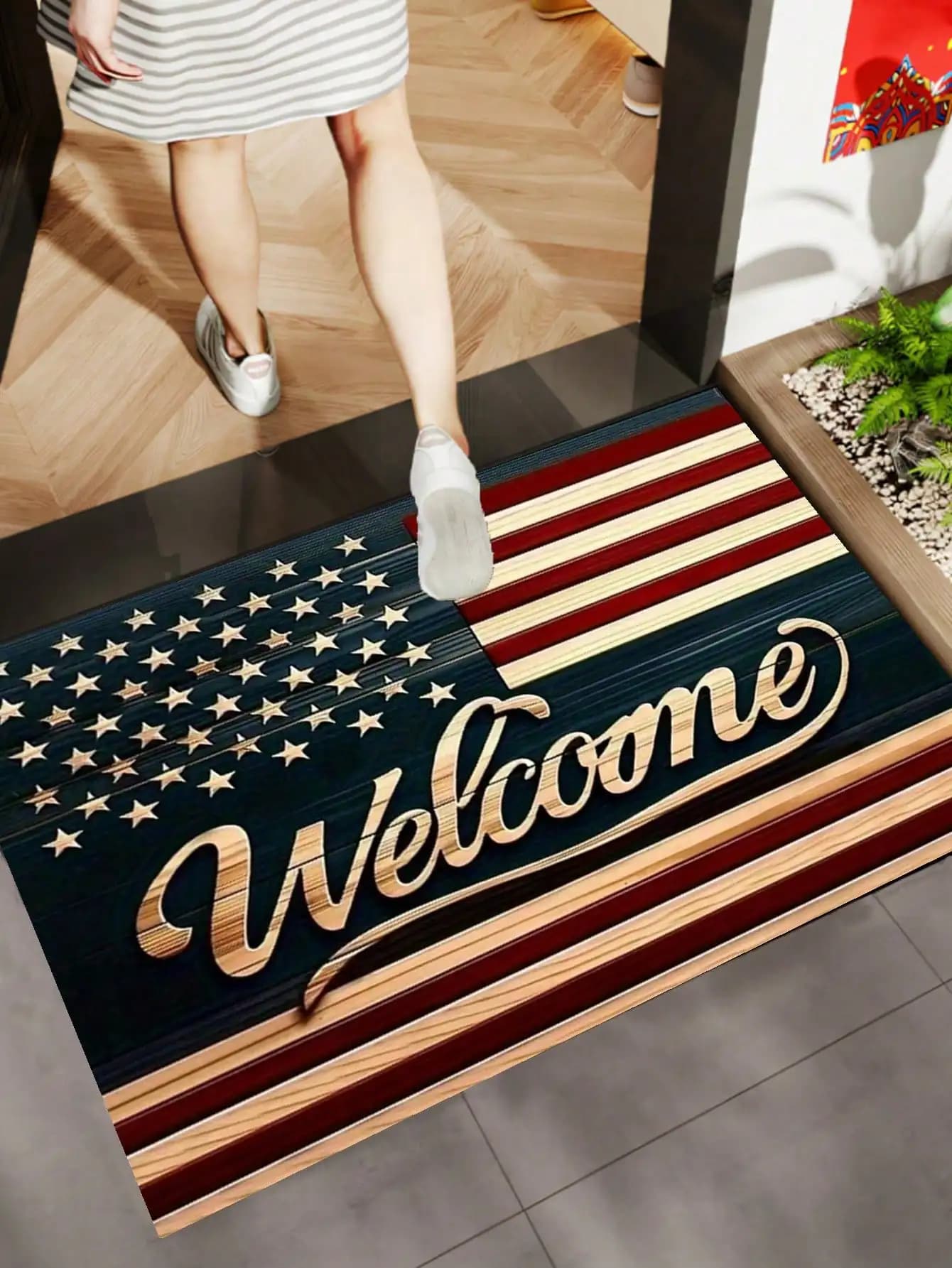 Tappetino di benvenuto con bandiera americana, tappeto antiscivolo per interni ed esterni, per la decorazione domestica per il Giorno dell'Indipendenza