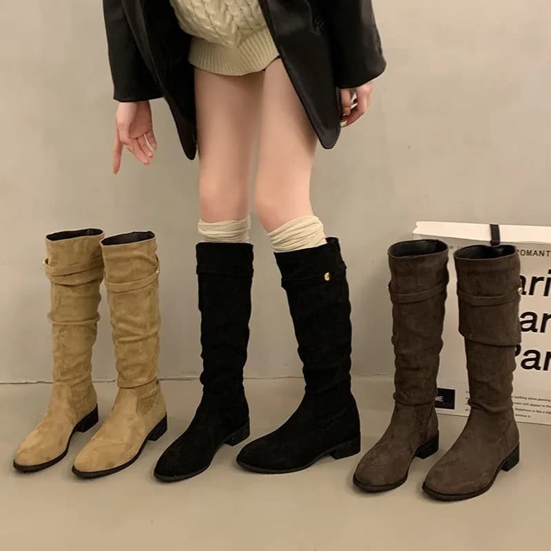 Stivali Alti da Donna Stile Cavaliere, Nuova Collezione Primavera-Autunno 2026, Stivali Lunghi Plissettati Snellenti
