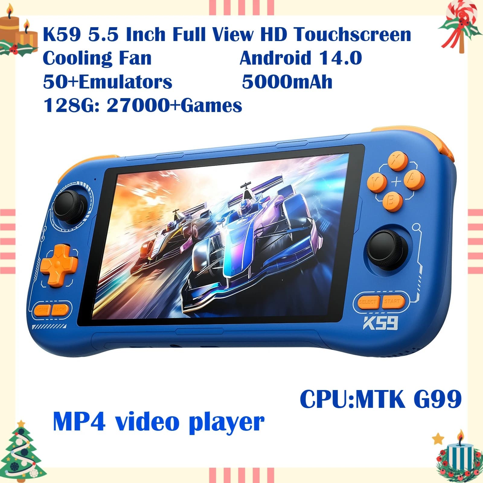 Console di Gioco Portatile K59 Pro Android 14, 27K Giochi Retro, 50 Emulatori, Batteria 5000mAh e Ventola di Raffreddamento, Touchscreen 5.5" per DC/SS PS1/PS2