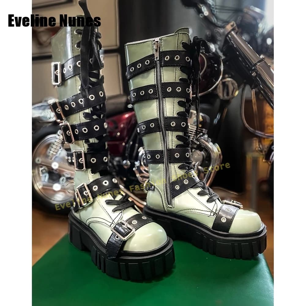Belt Buckle Lace-Up Punk Boots Round Toe Tank Sole Sewing Patchwork Cool Dark Style Motorcycle Boots 2025 Heavy Work New Arrival