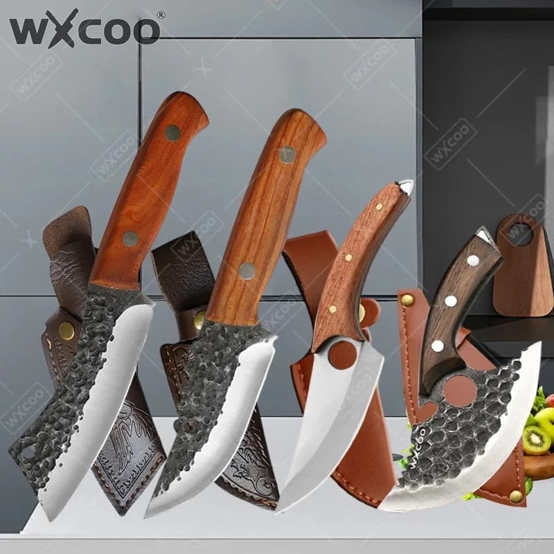 WXCOO Set of 1~4 Kitchen Knives, Handmade Meat Knife, Butcher's Knife for BBQ, Fruit peeling knife with Leaf and Bottle Opener