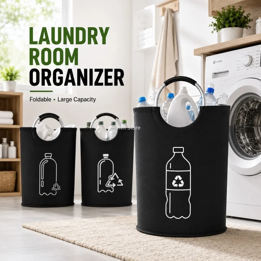 Large Capacity 82L Foldable Storage Basket Empty Bottle Recycling Bag with Aluminum Handle for Kitchen Laundry Home Use