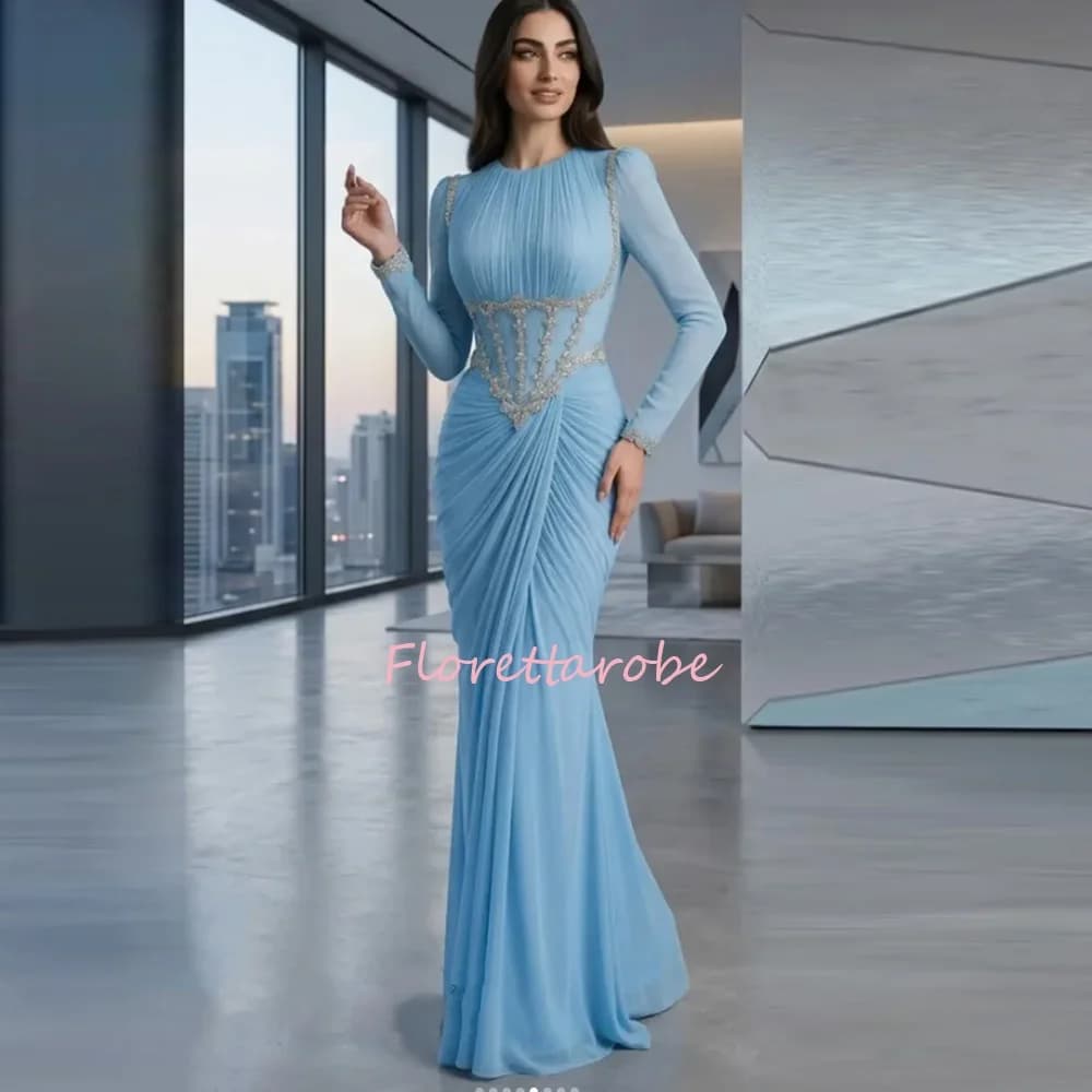 Customized Long Sleeves Prom Dresses O- Neck Pleated Beadings Floor Length Luxury Evening Dress Party Gowns