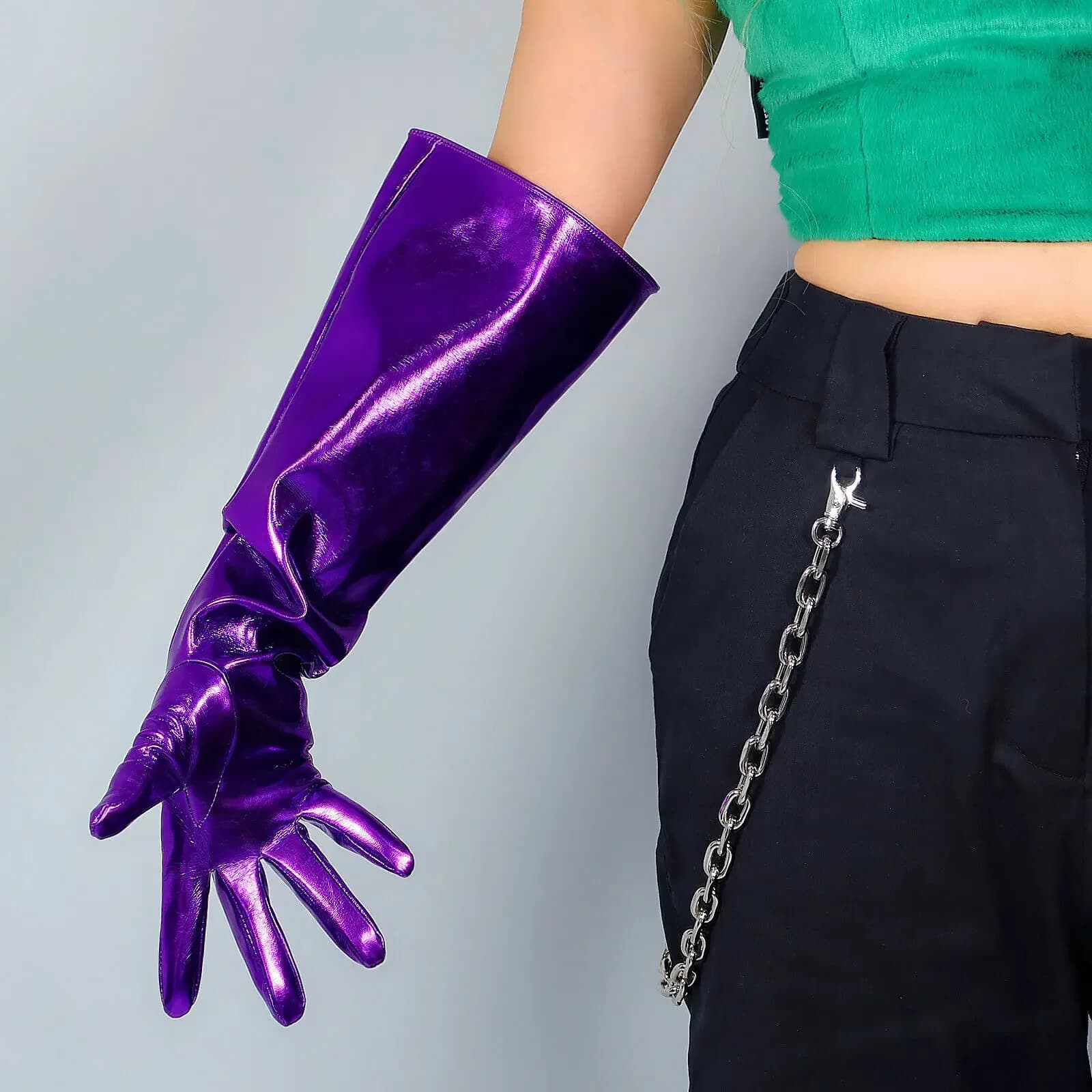 DooWay Guanti in pelle viola unisex Shine Wet Look maniche a sbuffo LATTICE sintetico verniciato 50 cm Gomito lungo da sera Guanto da costume di moda