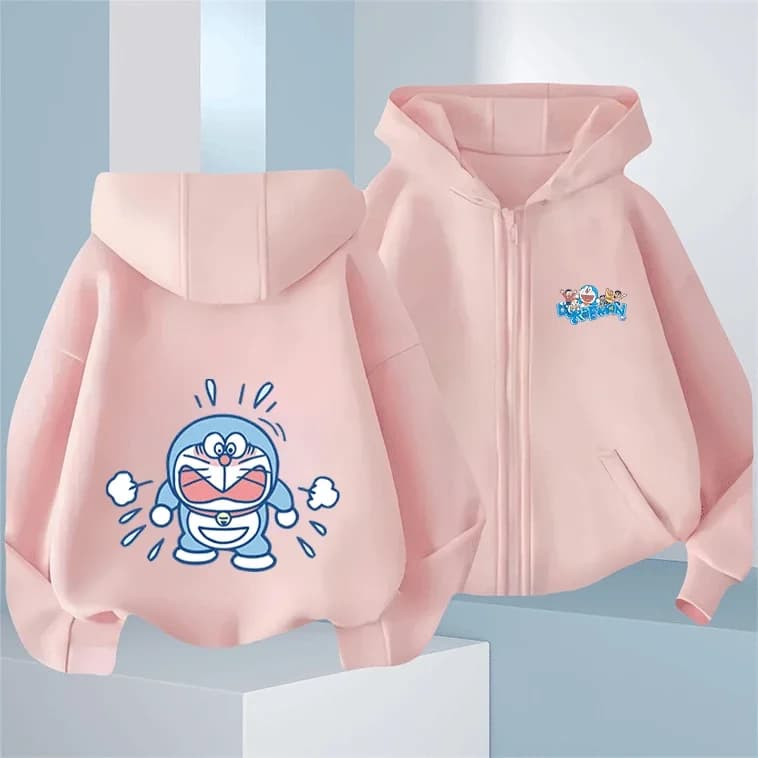 Felpa con cappuccio casual per bambini con stampa Doraemon, tasche con cerniera, per ragazzi e ragazze, per l'autunno e l'inverno