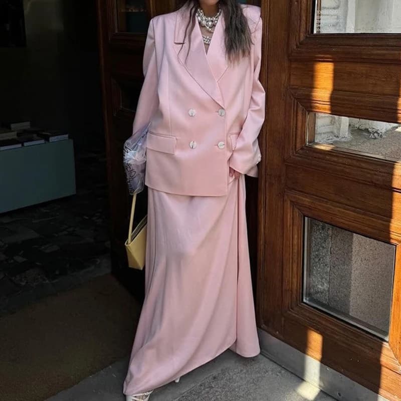 Completo da donna due pezzi rosa 2026: Blazer con risvolto e bottoni, gonna lunga a vita elasticizzata, ideale per l'ufficio e il tempo libero