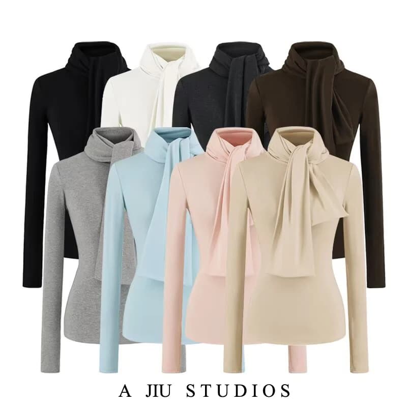 Pure Desire Sle Long Sve T-irt Women's Autumn Winter Inner Wear Slim Fit Waist Cinching Top with Detachable Scarf