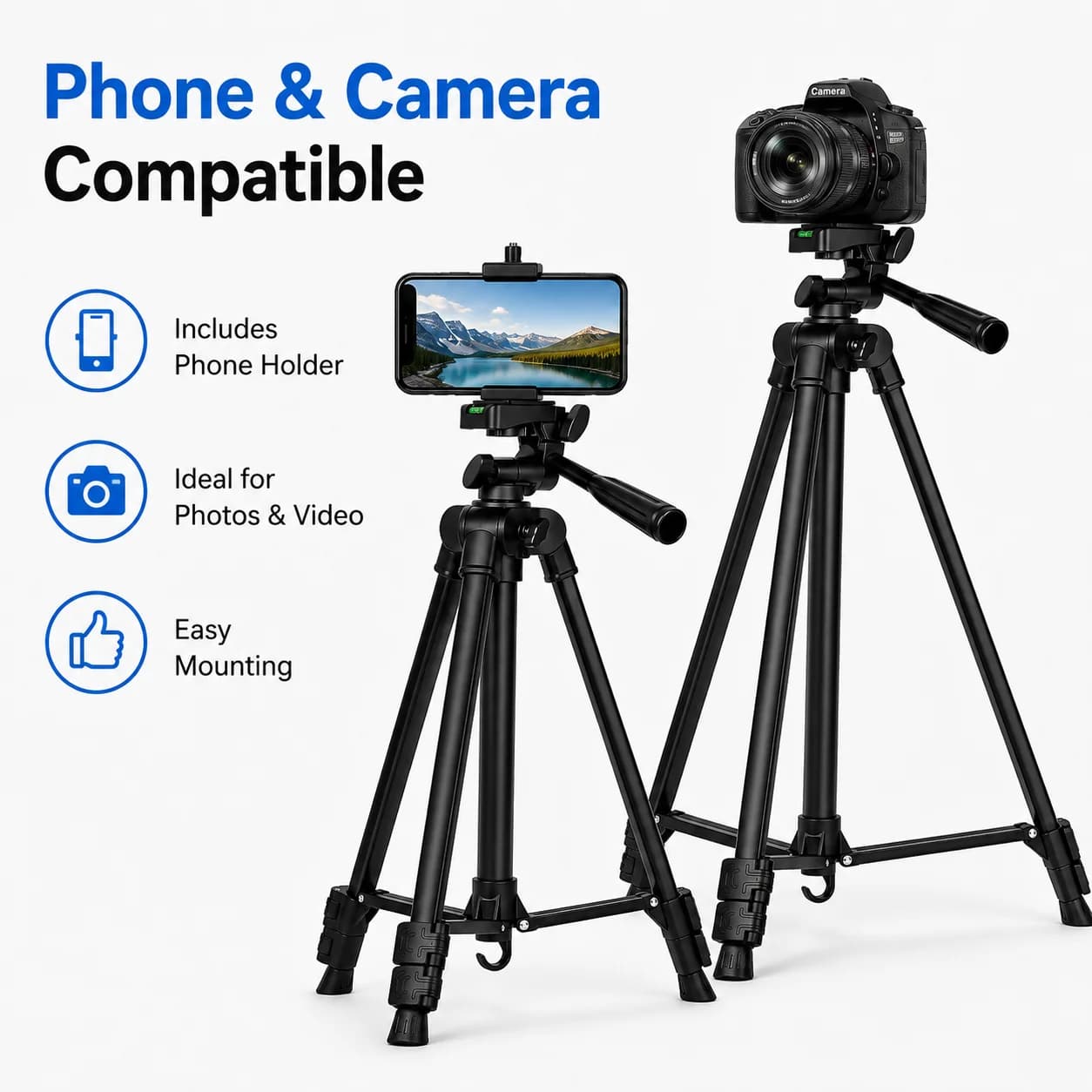 360 ° Treppiede Girevole per Fotocamera, Supporto Regolabile in Ferro da 140 cm con Porta Telefono, Treppiede Portatile con Testa in Plastica per DSLR