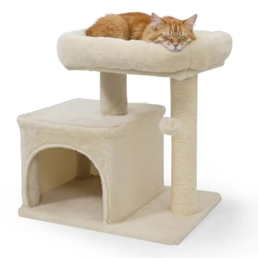 Small Cat Tree for Indoor Cats, Cat Tower with Sisal Scratching Posts, Hanging Pompom, Cat Condo with Large Padded Plush Perch