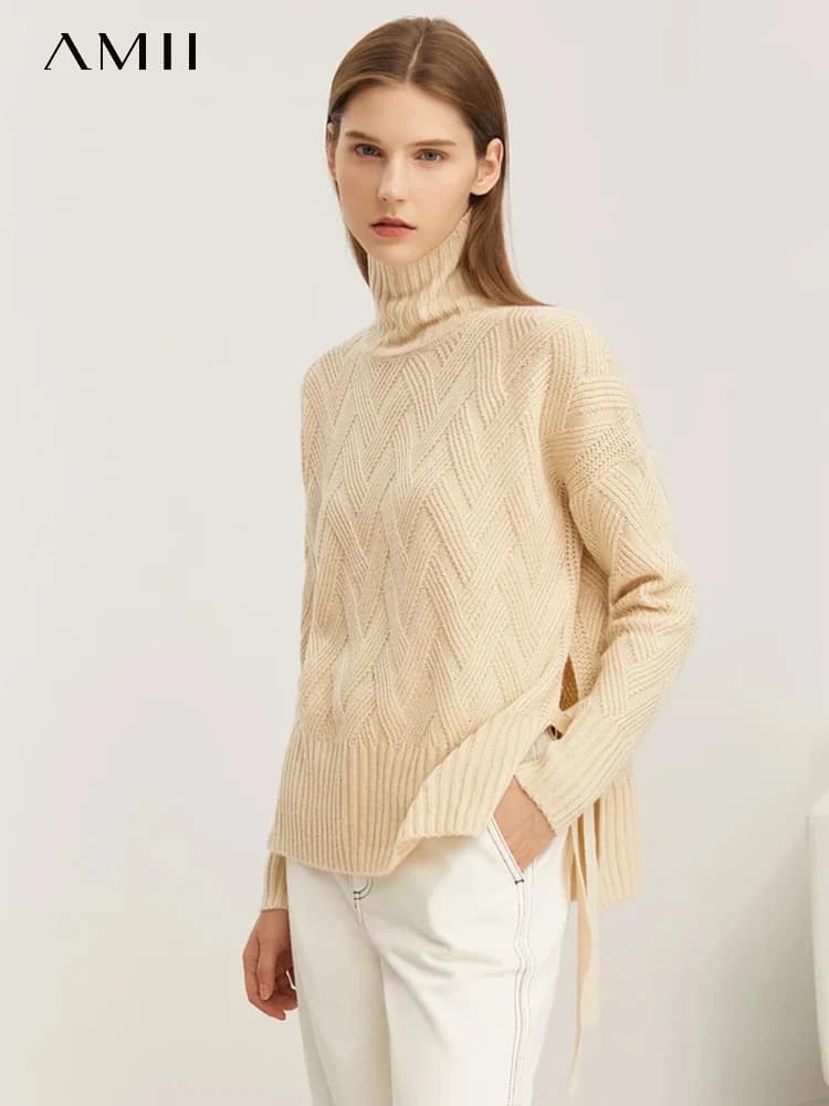 AMII Minimalista 2023 Autunno Inverno Nuove Donne Maglioni Dolcevita Morbido Allentato di Nicchia Lace-up Manica Lunga Solido Pullover 12344244
