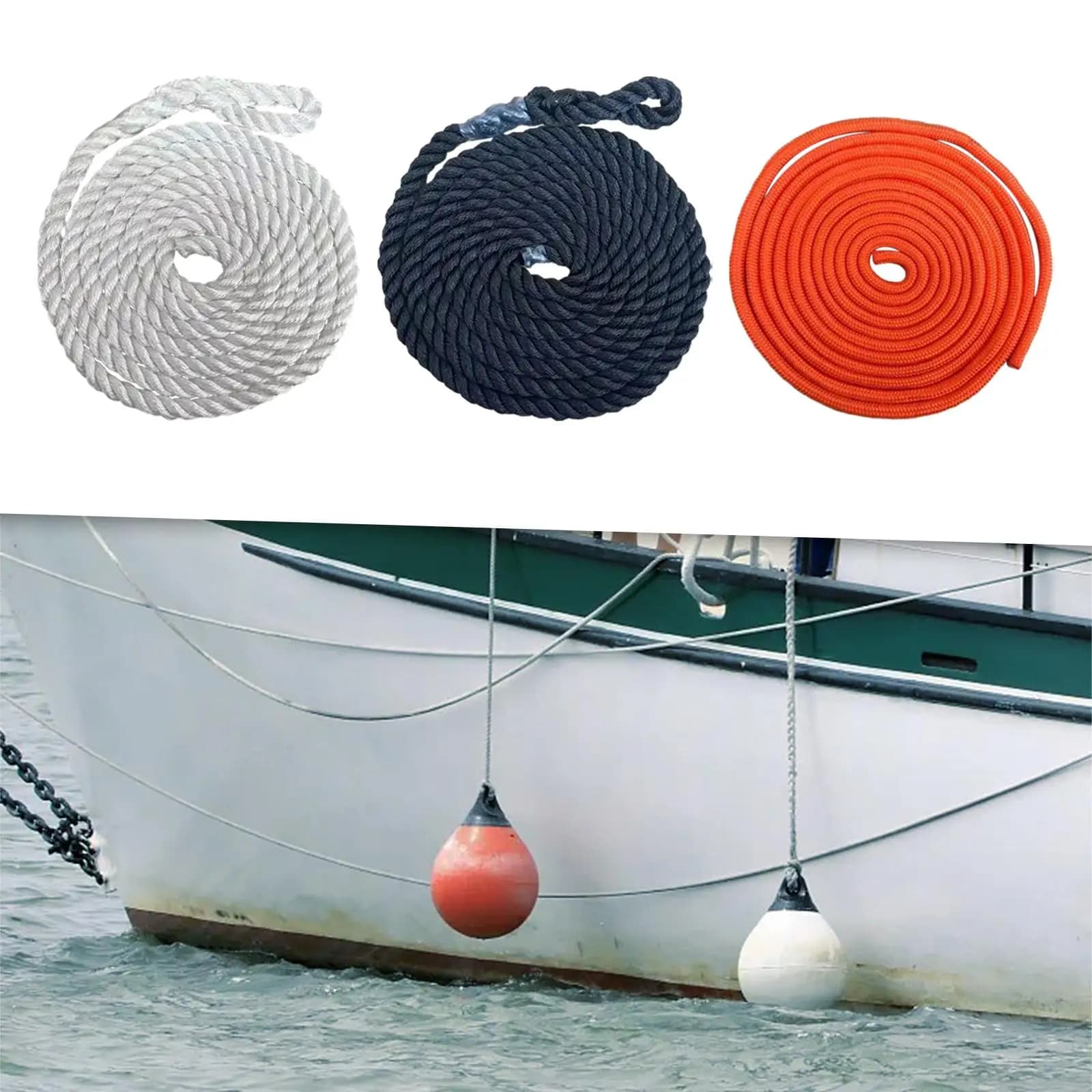 Corda Ancoraggio Parafango Barca in Poliestere a Doppia Treccia, Accessori Ormeggio, Gancio Parafango Marino per Yacht 2m