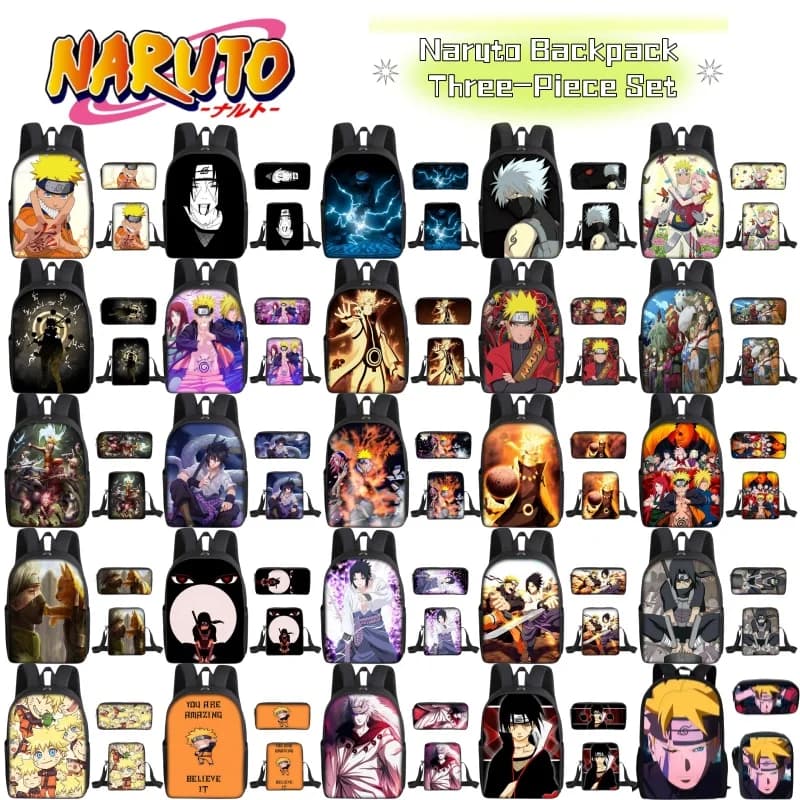 Naruto Cartoon Anime Backpack Three-Piece Set for Primary and Middle School Students, Shoulder Bag, Crossbody Bag, Pencil Case