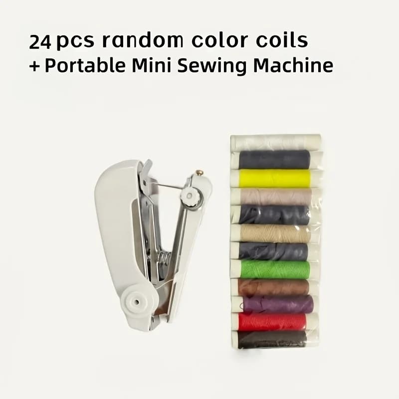 Mini Portable Hand Sewing Machine + 24Pcs Random Color Thread Spools Household Fabric Repair Kit