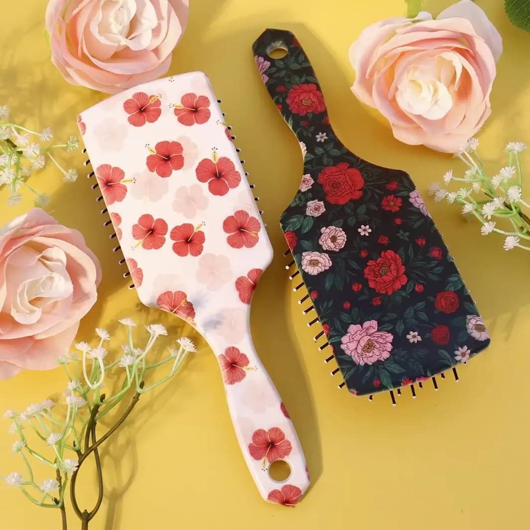 Pettine a cuscino d'aria stampato a tema floreale da 1 pezzo, pettine per acconciatura da ragazza carina, manico ergonomico, speciale per parrucche di capelli veri