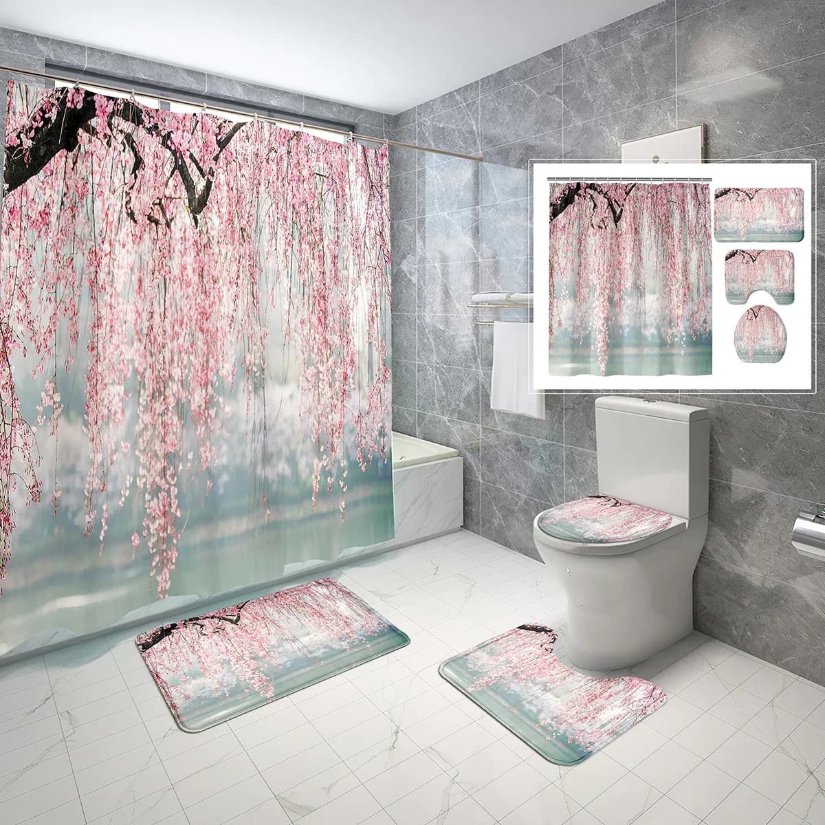 Set di tende da doccia con fiori di ciliegio rosa Blooming Sakura 4 pezzi Tenda da doccia Bagno Tappetino da bagno antiscivolo Set di tende per copriwater