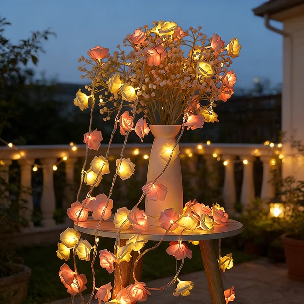 Luci a Stringa a Forma di Rosa Festoon, 20 LED a Batteria, Ghirlanda Luminosa per Matrimoni, Festa della Mamma, Decorazione Casa e Camera da Letto