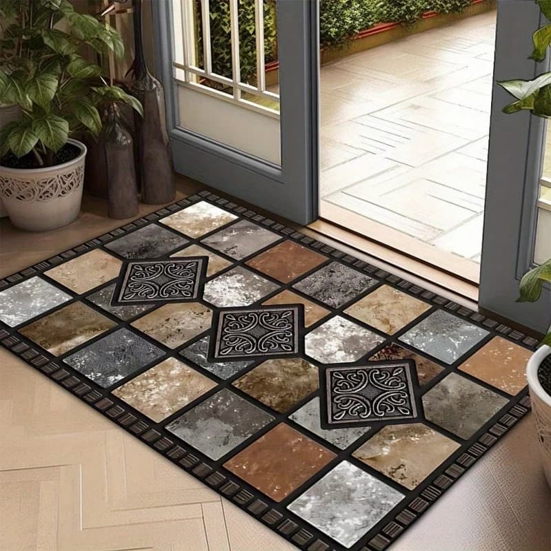 Imitation Stone Mosaic Square Tile Print Large Felt Entry Rug Non Slip Waterproof Front Door Floor Carpet