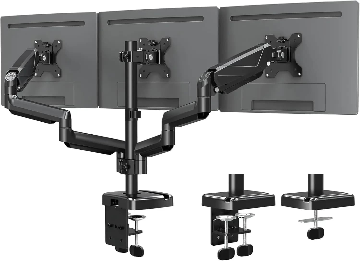 Support for three monitors, desk support for three computer screens up to 27 inches, three monitor support with gas spring.
