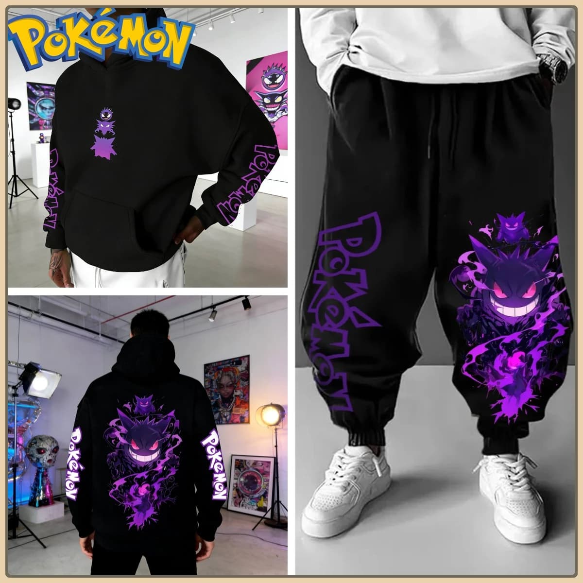 Set felpa con cappuccio e pantaloni neri con maniche con stampa di personaggi Pokemon e testo laterale Streetwear Tuta anime per uomo unisex casual
