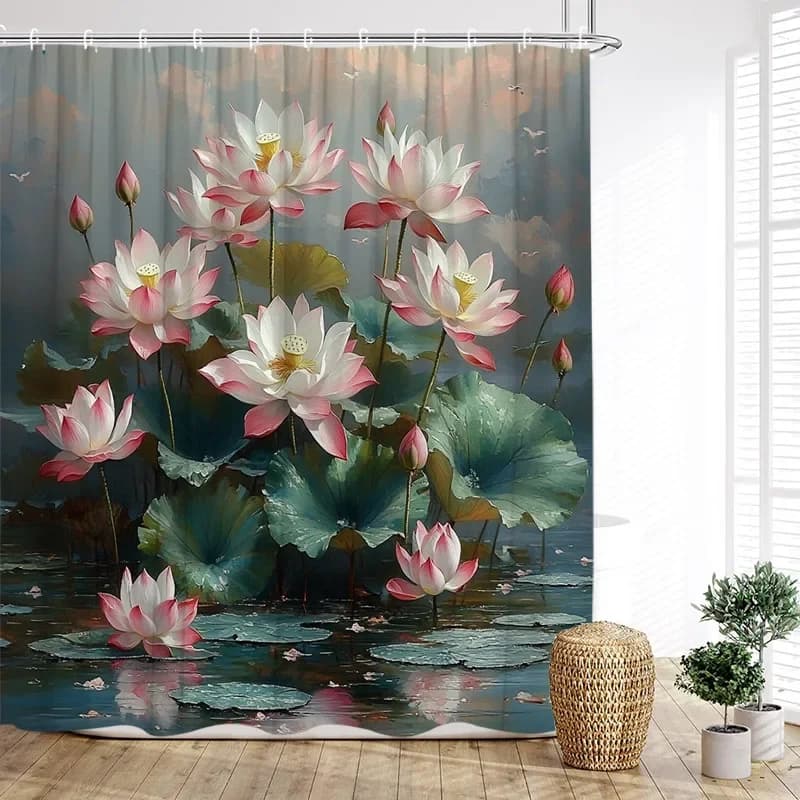 Lotus Flowers Shower Curtain Natural Green Leaves Plant Floral Chinese Style Bath Curtains Fabric Home Bathroom Decor with Hoo