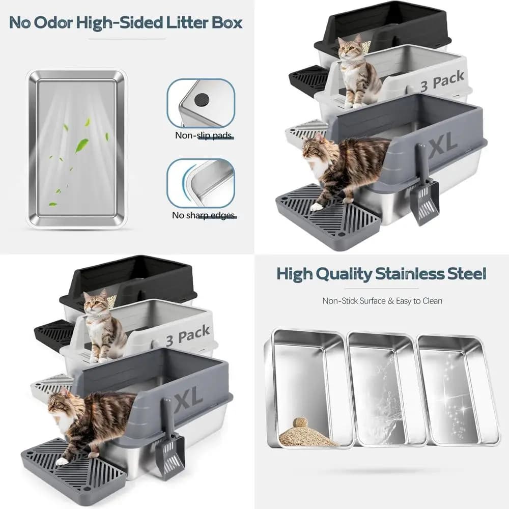 Lettiera per Gatti in Metallo Extra Large con Bordi Alti e Paletta, Design Anti-Schizzi, Facile da Pulire, Grigio e Nero