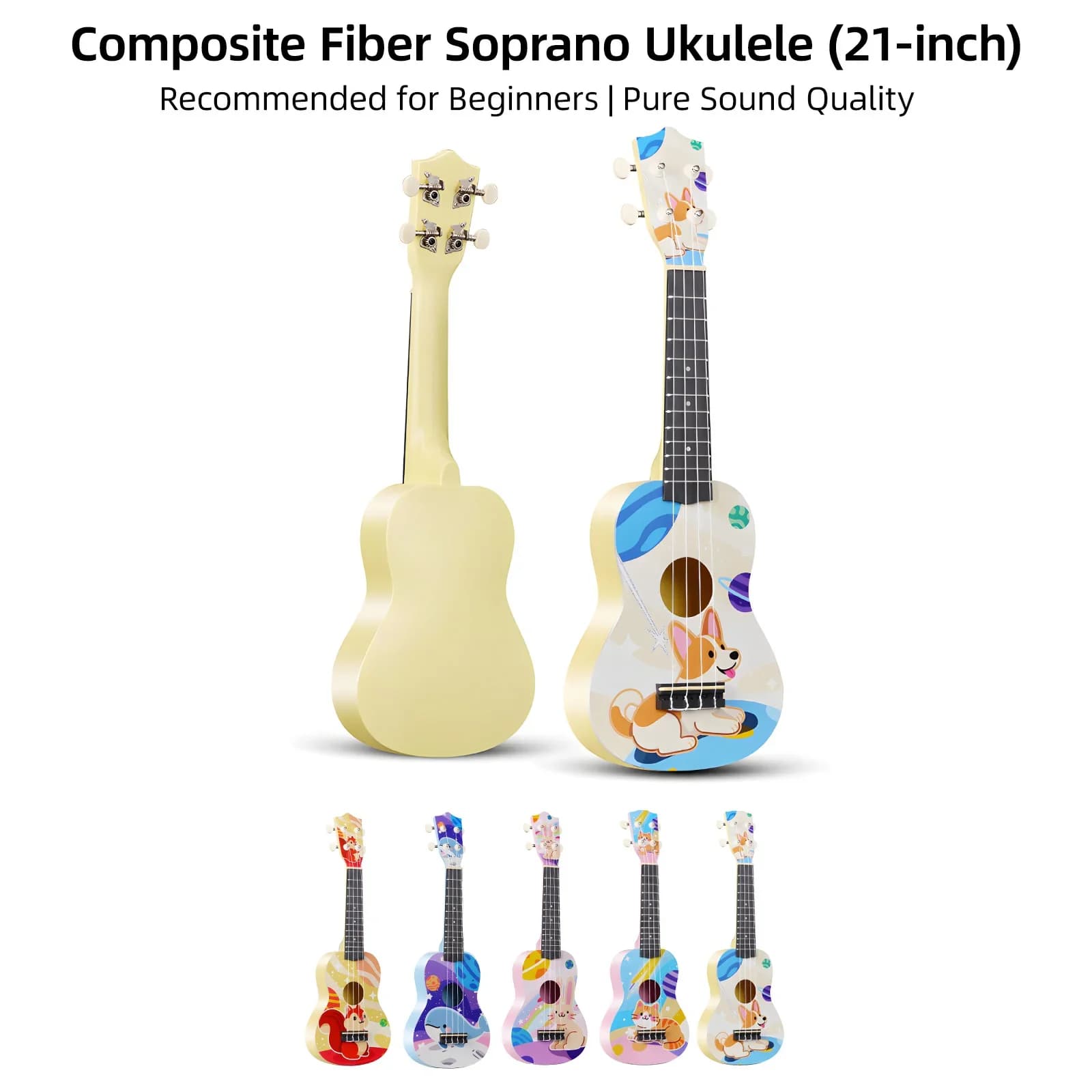 Pacchetto iniziale per ukulele soprano da 21 pollici in fibra di carbonio - Kit completo con borsa, tracolla, capotasto, corde, plettri e panno per lucidare