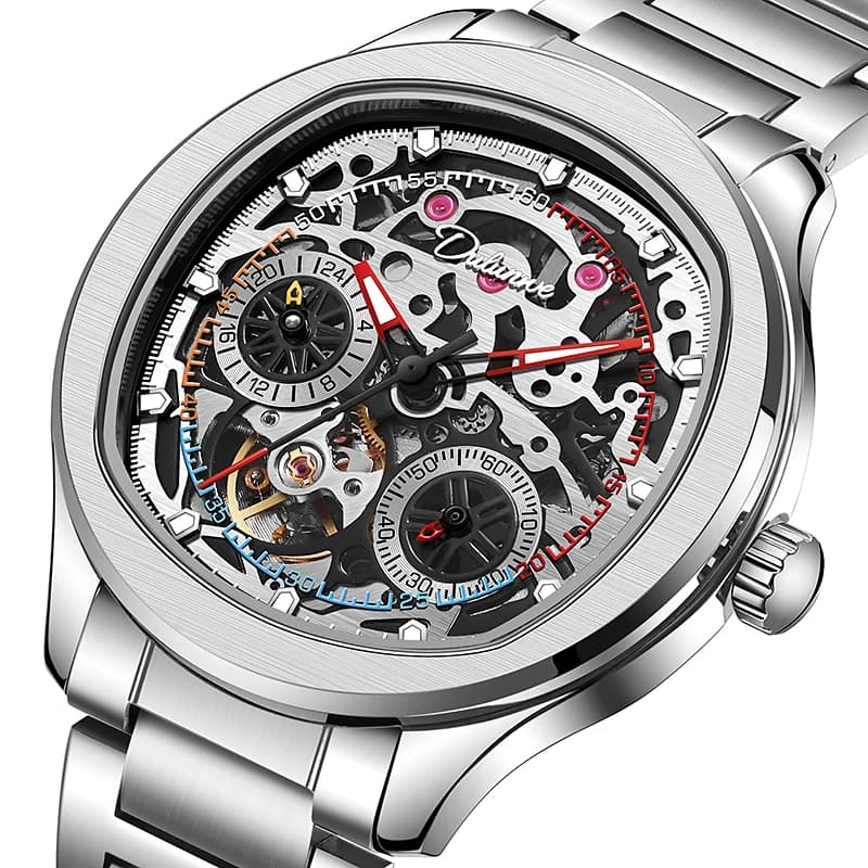Dulunwe Luxury Skeleton Mechanical Men Watch See‑Through Movement Multi‑Color Hands Automatic Fashion Wrist Watch