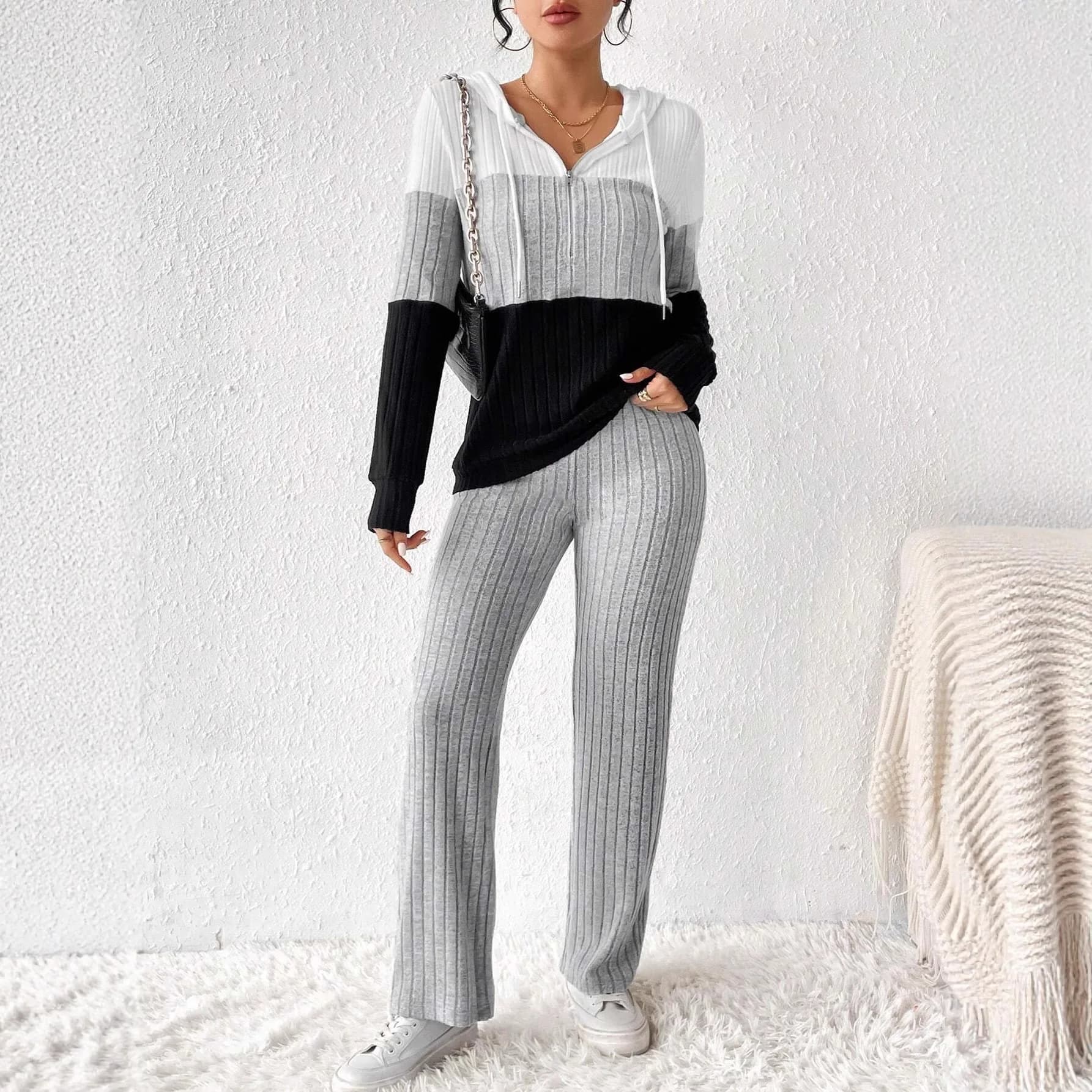 Top con cappuccio Pantaloni Set da 2 pezzi Alla moda a maniche lunghe per le donne Autunno Inverno Tinta unita Felpa lavorata a maglia allentata Abito femminile
