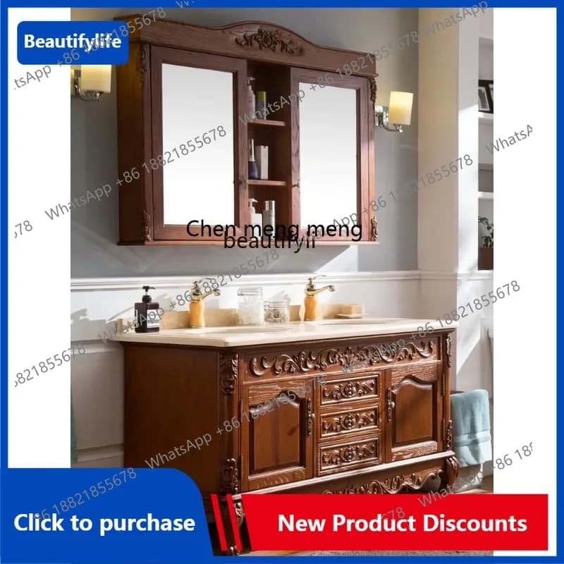 C85 Mobiletto da bagno in stile europeo Mobiletto da bagno in legno massello Lavabo in rovere rosso Mobiletto a specchio con doppio lavabo