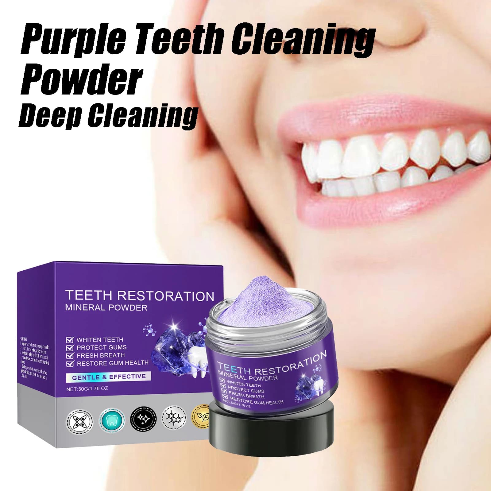 Powder for cleaning of violet teeth Without sulphates Deep cleansing Remove stains and plaque Fresh breath long lasting 50g