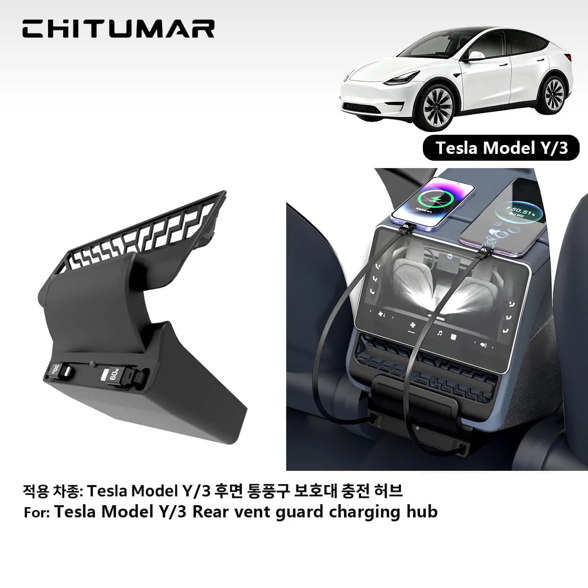 CT For Tesla Model 3/Y Highland Juniper Rear Air Vent Quick Charger USB Shunt HUB Intelligent Docking Station Car Accessories