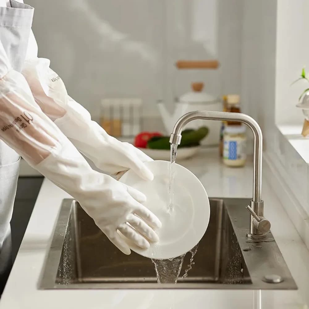 Guanti per lavare i piatti Donna in pile impermeabile Pesante Cucina domestica Durevole lavare i piatti Pulizia invernale Gomma a maniche lunghe