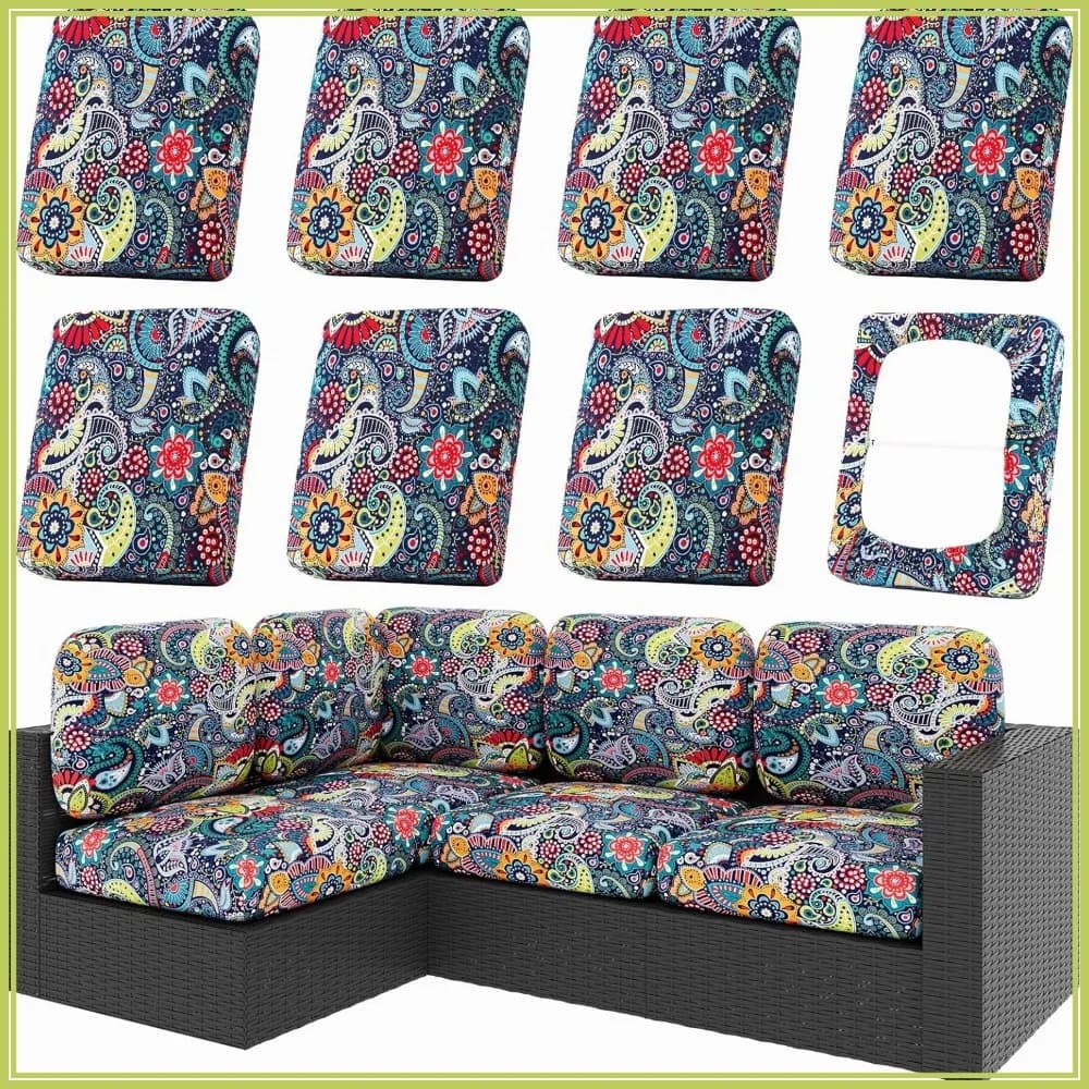 Set di 8 Copricuscini Elasticizzati per Patio, Lavabili, per Divani da Esterno, con Fondo Elastico, Design Paisley (Solo Copricuscini)