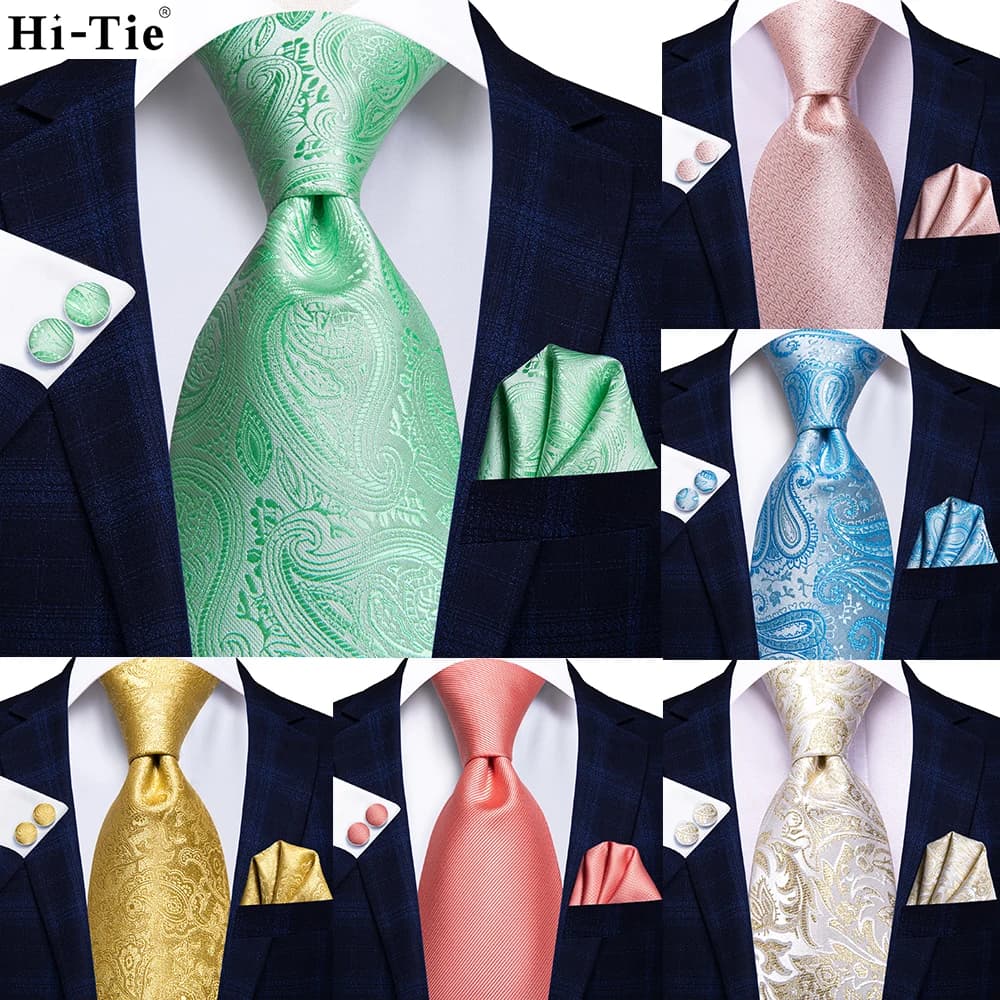 Cravatta da uomo Hi-Tie azzurra, rosa menta, paisley, tinta unita, per matrimonio, design alla moda, regalo, con pochette e gemelli, per affari e feste