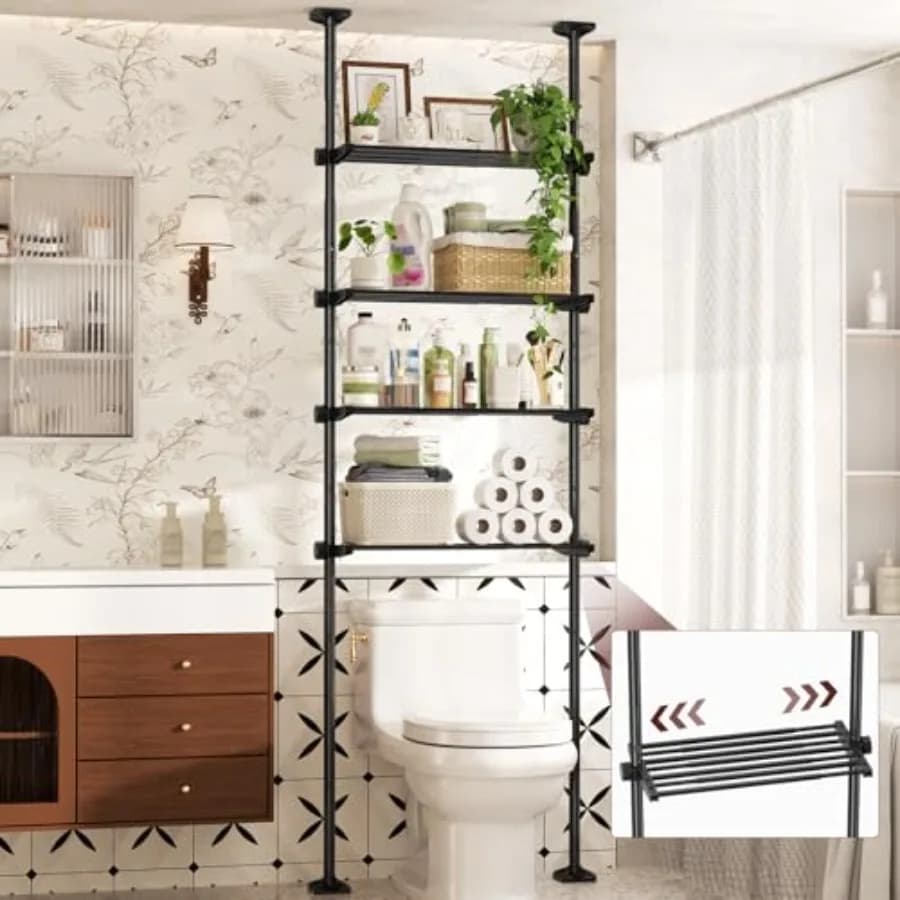 4-level bathroom shelf over the toilet, adjustable organizer 64-124 inch (H) 15-27 inch (W) without drilling, voltage, M model