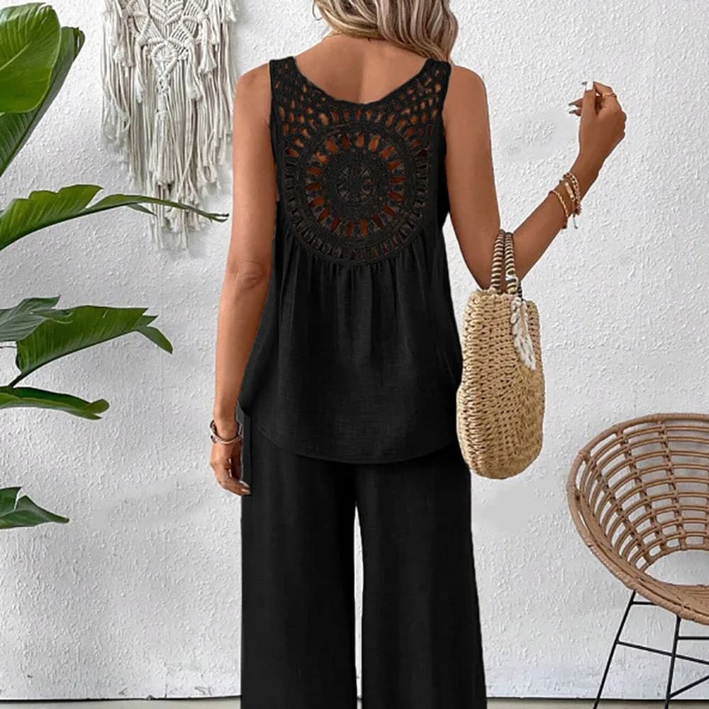 Outfits Solid Color Two Piece Set Hollow Out Wide Legs Pants Sets Backless Flower Edge Trousers suit Women