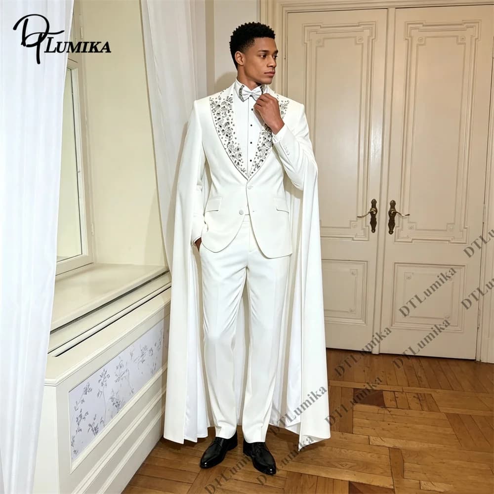 DTLumika Prince Smoking Formale da Uomo in Due Pezzi, Giacca con Mantello, Set Completo con Pantaloni e Risvolto Decorato con Perline e Paillettes