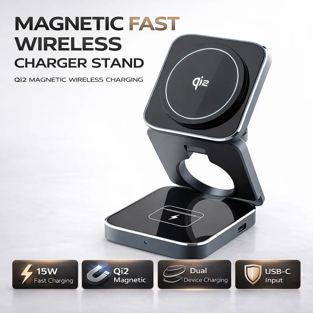 Caricatore Wireless Magnetico Pieghevole 3 in 1 Qi2, Stazione di Ricarica Rapida 15W per iPhone 17 16 15 14 13, Apple Watch, AirPods