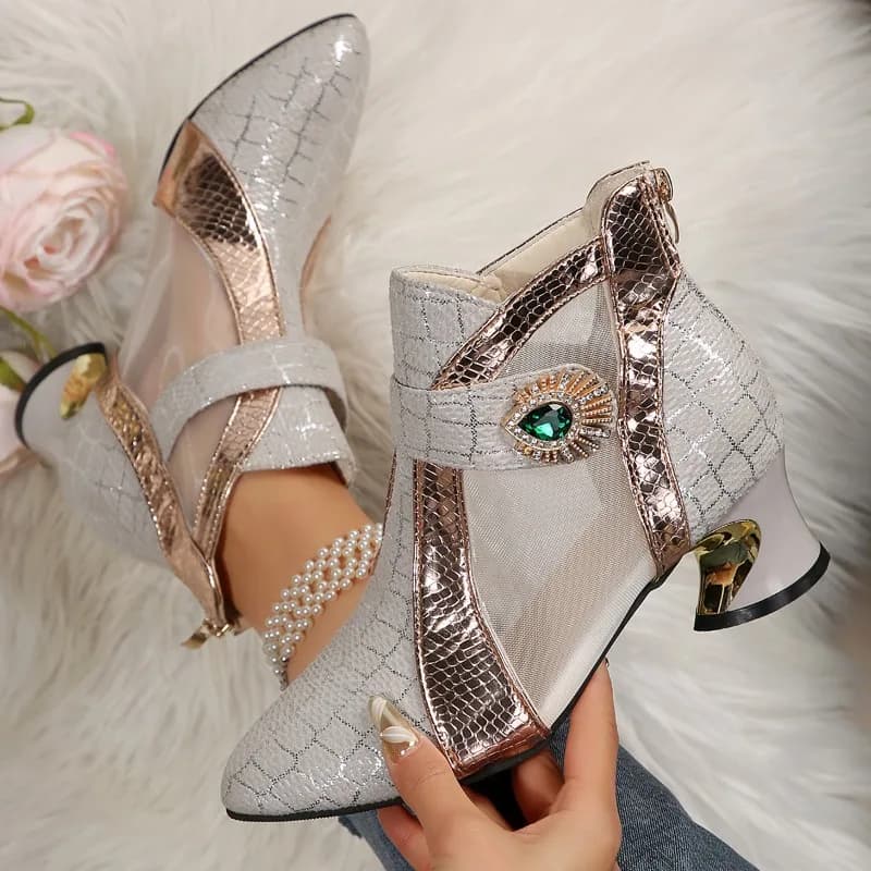 Cutout Mesh Cool Boots Women Summer New Pointed Toe High Heel Rhinestone Block Heel Baotou Versatile Sandals