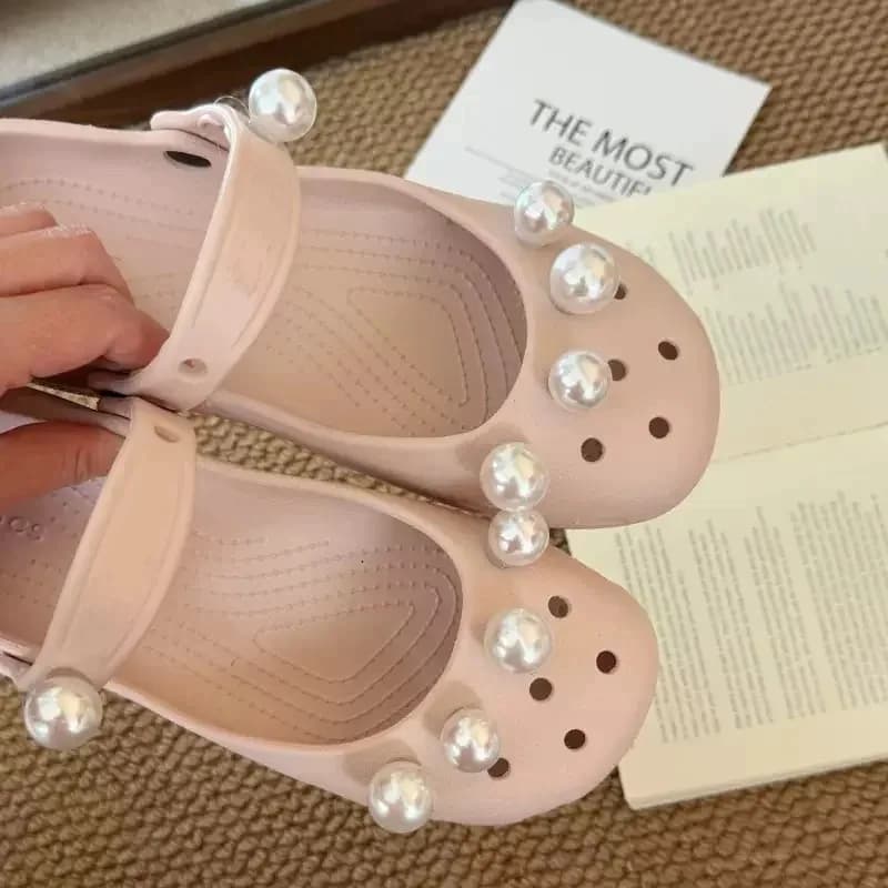 Luxury Design Pearl Ballet Clogs Sandals Girls Summer Retro Diy Beaded Eva Soft Sole Sandals Woman Light Platform Beach Slippers
