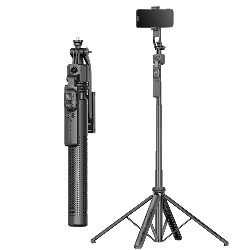Selfie stick con supporto a 4 gambe con rilevamento automatico del viso e supporto per telefono staccabile con rotazione a 360° con telecomando per riprese di vlog in streaming