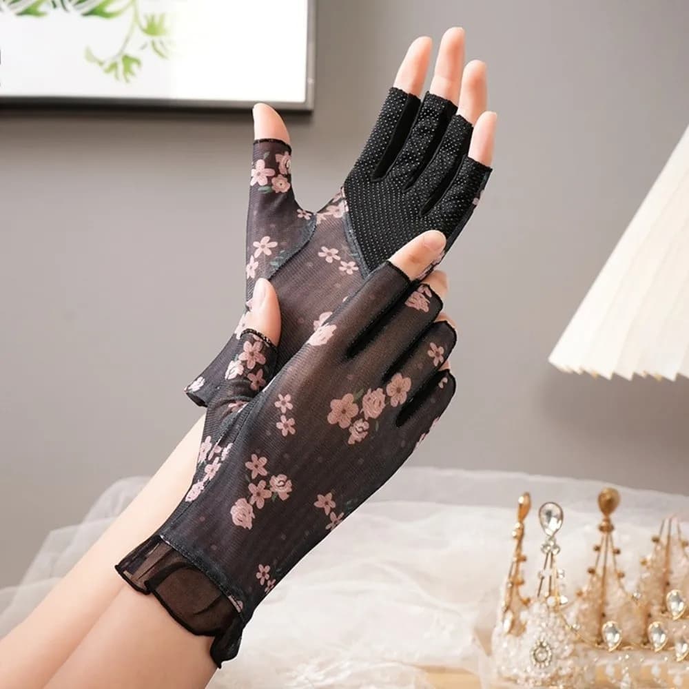1 Pair Breathable Sunscreen Half-finger Gloves Silicone Anti Slip Thin Lace Mesh Gloves Floral Printed Sun Protection